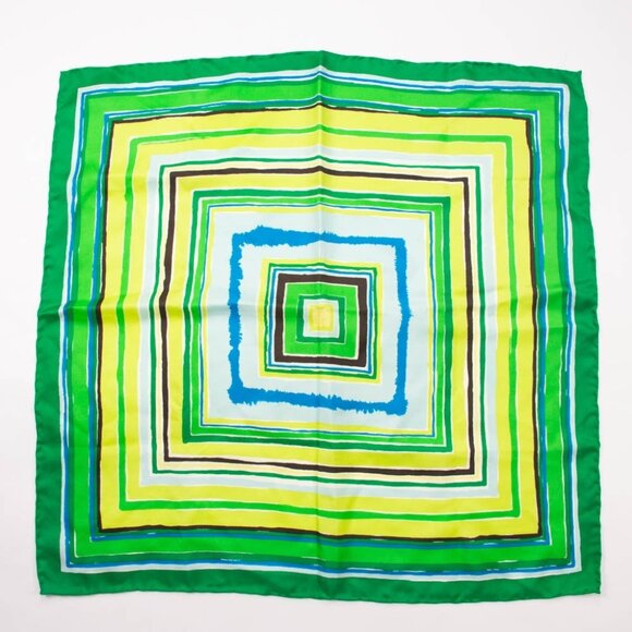Vintage Square Silk Scarf With Hand-Rolled Edges Green Geometric Pattern - Picture 1 of 1